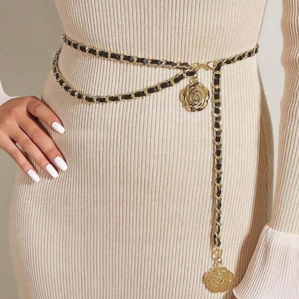 Gold and Black Chain Belt, Black Faux Leather and Gold Chain Belt